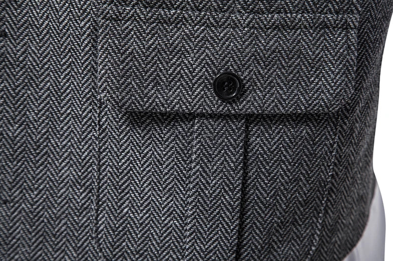 New Men's Retro Lapel Vest Herringbone Coarse Tweed Pockets Suit Vest British Casual Vintage Gentleman Leisure Party Bar Banquet