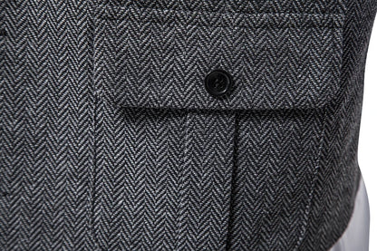 New Men's Retro Lapel Vest Herringbone Coarse Tweed Pockets Suit Vest British Casual Vintage Gentleman Leisure Party Bar Banquet