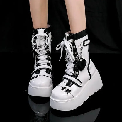 New Gothic Platform Shoes Women's Boots Vampire Role Play Womens Mid-calf Boots Lace Up Wedges Punk Style Botines Para Mujeres
