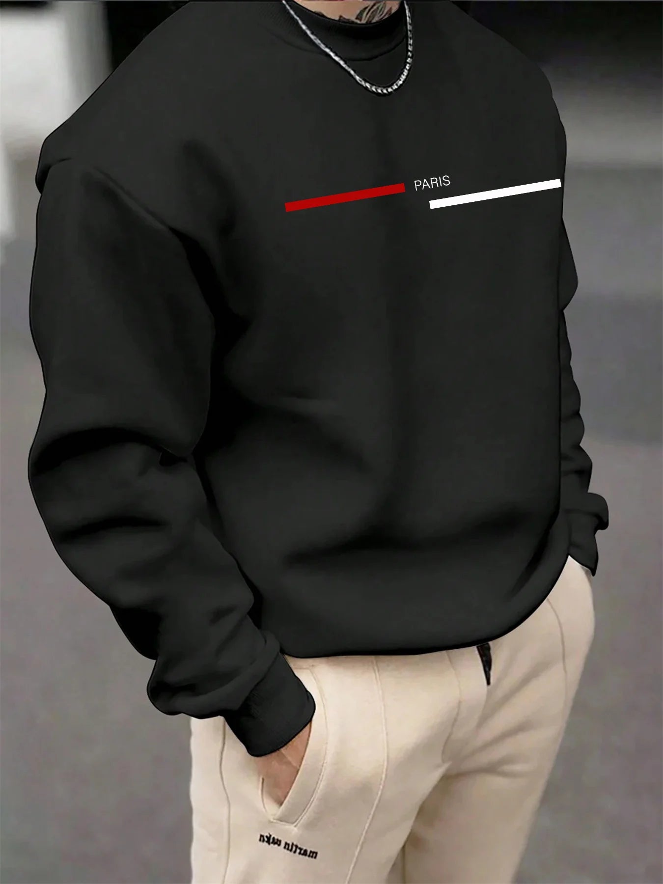 Men's autumn and winter casual loose fashion classic Paris letter pattern printed long sleeved round neck sweatshirt