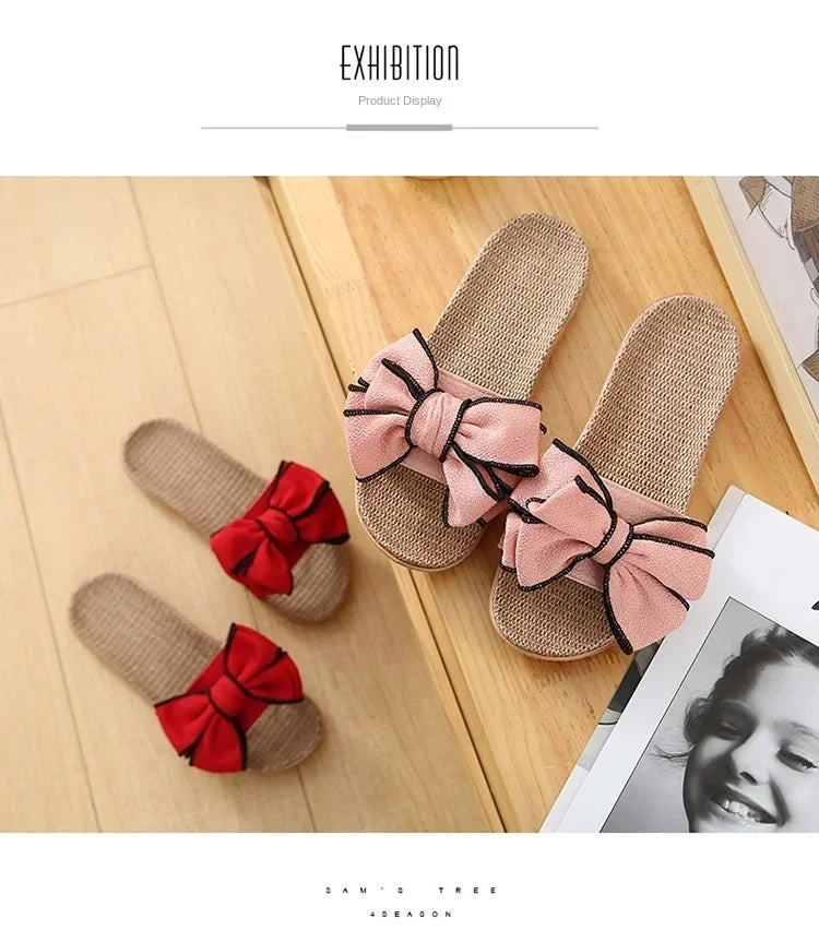 Women Summer Casual Slides Comfortable Flax Slippers Striped Bow Linen Flip Flops Platform Sandals Ladies Indoor Shoes  slippers