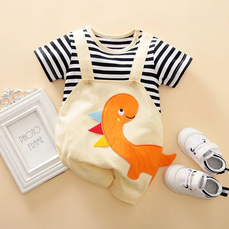 Summer Boys and Girls Cartoon Dinosaur Embroidery 3D Design Strap Splice All Cotton Short Sleeve Baby Clothing Bodysuit