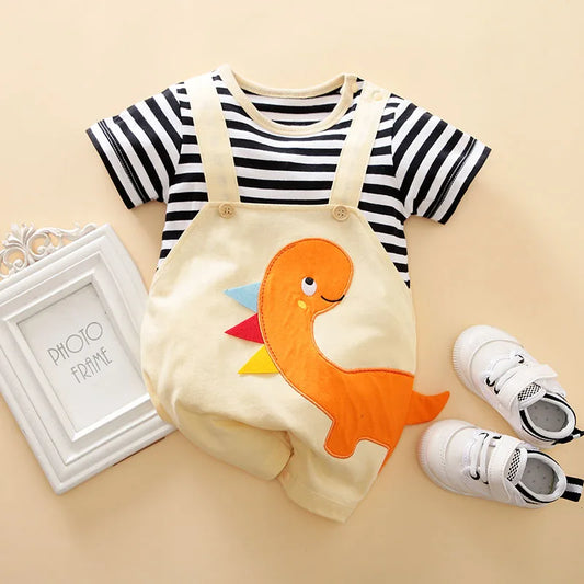 Summer Boys and Girls Cartoon Dinosaur Embroidery 3D Design Strap Splice All Cotton Short Sleeve Baby Clothing Bodysuit