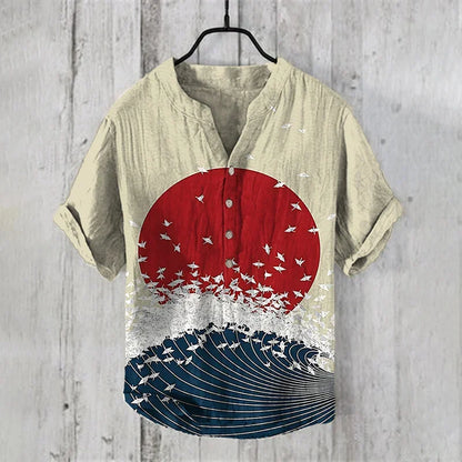 Men's linen short sleeved shirt, summer Chinese retro casual shirt