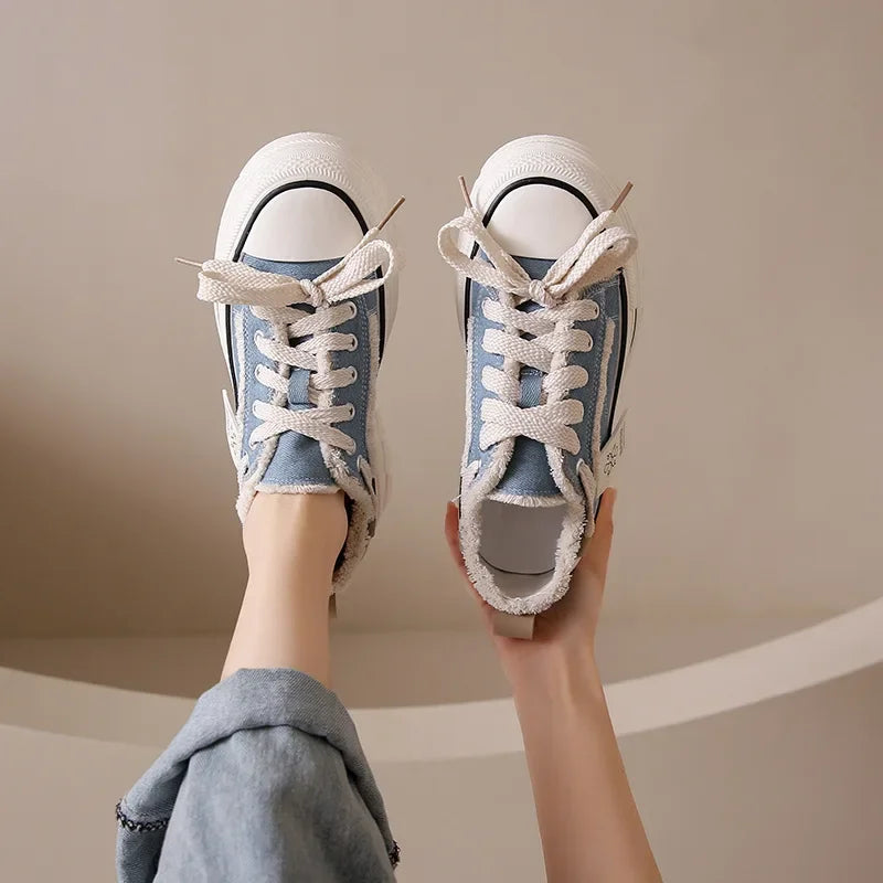 2025 Autumn New Women's Canvas Shoes Round Head Thick Soles Fringed Denim Casual Shoes Increased Height Sports