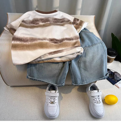 Hot Sale Fashion Baby Boy Suit Summer Clothes Short Sleeve T-shirt Short Jeans 2 Piece Set Kids Outfit 2-11Y Children's Costume