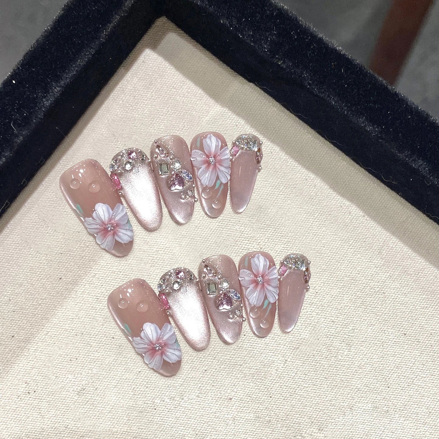 10Pcs Handmade Nails Set Press on Long Almond False Nail with Rhinestone Pink Camellia Design Reusable Full Cover Fake Nail Tips