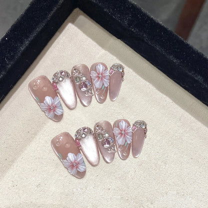 10Pcs Handmade Nails Set Press on Long Almond False Nail with Rhinestone Pink Camellia Design Reusable Full Cover Fake Nail Tips