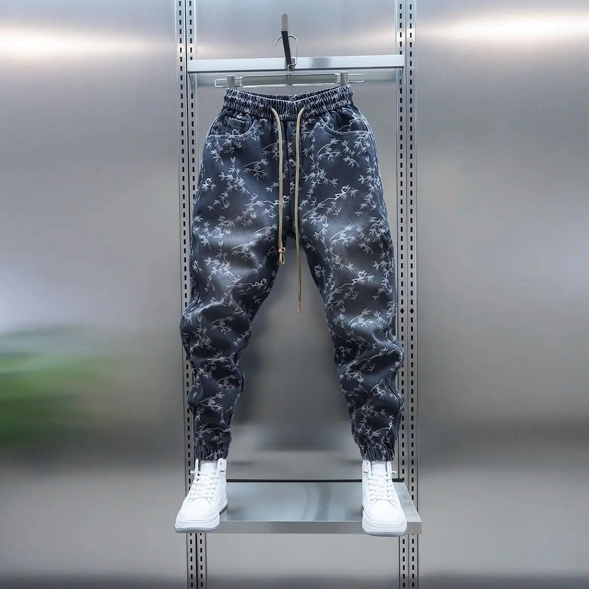 Trendy Men's Spring and Summer New Jeans Light Blue Heavy Industry Jacquard Leggings Thin Designer Luxury Elastic Waist Pants