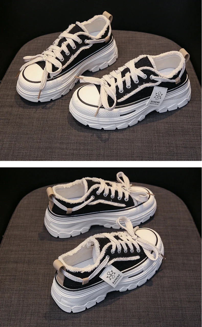 2025 Autumn New Women's Canvas Shoes Round Head Thick Soles Fringed Denim Casual Shoes Increased Height Sports