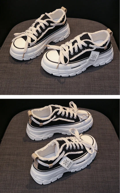 2025 Autumn New Women's Canvas Shoes Round Head Thick Soles Fringed Denim Casual Shoes Increased Height Sports