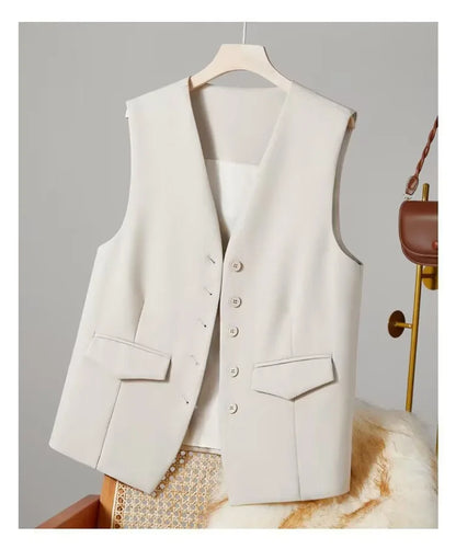 Vest Women Sleeveless Jacket Waistcoat V Neck Single Breasted Tops Outerwear Spring Summer Female 2025 Office Lady Vintage Coat