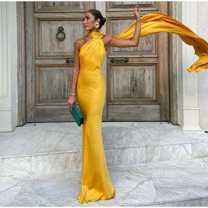 Ribbon Satin Long Party Dress Women Elegant Solid Sleeveless Female Backless Dresses 2026 Summer Autumn Lady Evening Club Gowns