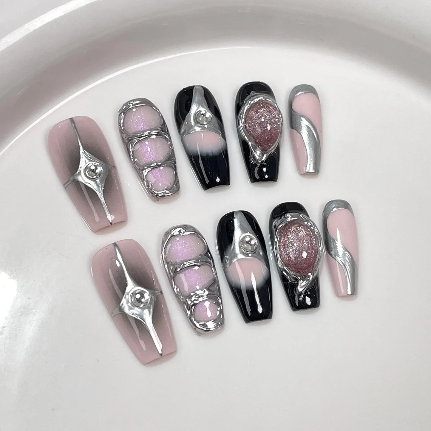 10Pcs Long Ballerina Handmade Press on Nails Pink Black Fake Nails Wearable Stick-on Nails Full Cover False Nail Uñas Postizas