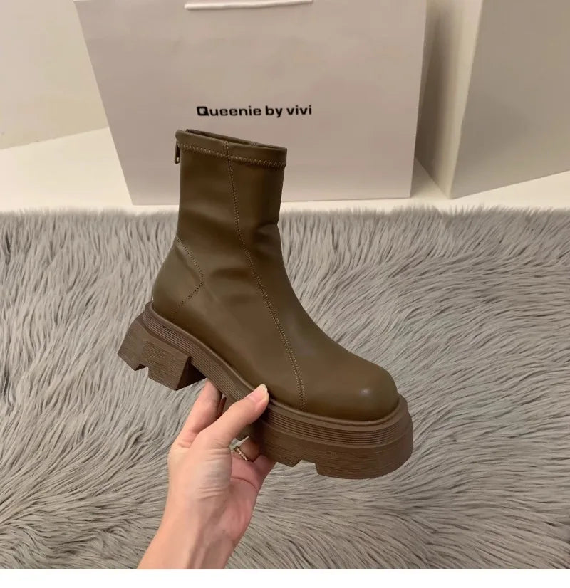 2024New Women's Boots Fashion Leather Casual Boots Luxury Brand Chelsea Ankle Boots for Women Outdoor Platform Boot Botas Mujer