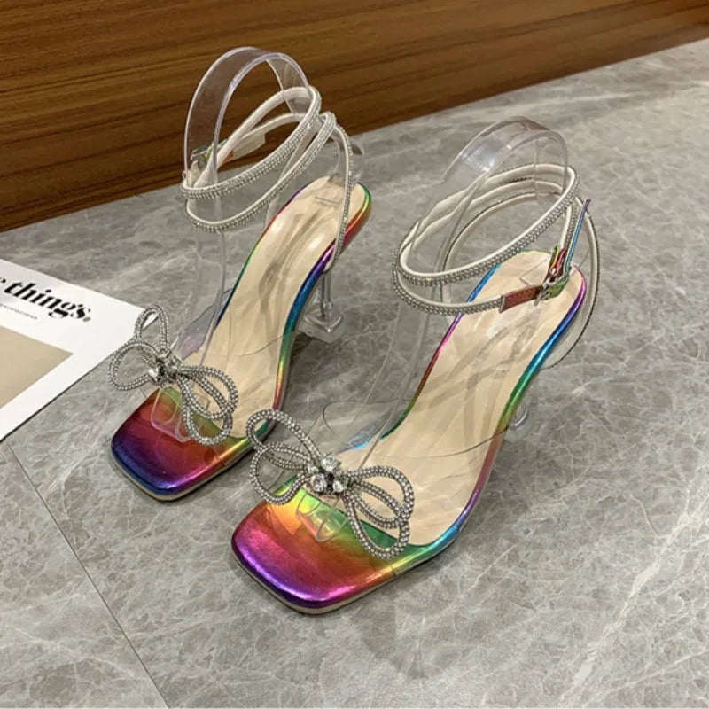 2024 Women's Summer New Fashion Rhinestone Bow Women's Sandals Casual Square Head Open Toe Party Women High Heels Mujer Zapatos