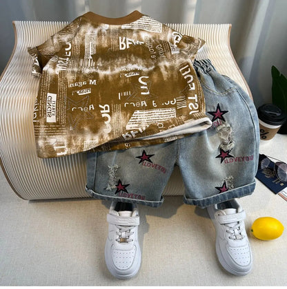 Hot Sale Fashion Baby Boy Suit Summer Clothes Short Sleeve T-shirt Short Jeans 2 Piece Set Kids Outfit 2-11Y Children's Costume