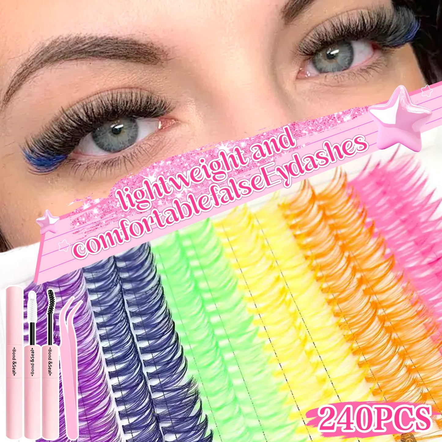 [Personal Eyelash] 240/390/600 Cluster Color Mixed Eyelash Extension Kit Makeup Beginner False Eyelash