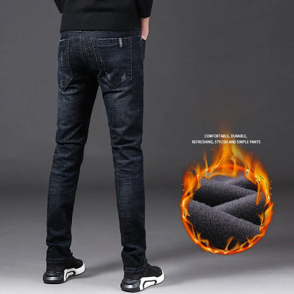 Winter Men Thermal Jeans Snow Warm Stretch Straight Jeans Man Fleece Denim Long Pants Narrow Leg Slim Fit Blue Black Trousers