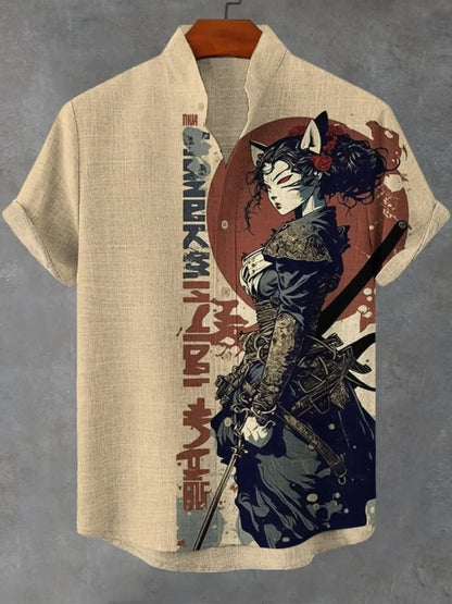 New cartoon cat-themed short-sleeved shirt, summer retro men's art print shirt, casual vacation streetwear