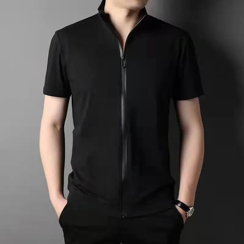 2023 Men Summer Trend Stand Collar Zipper Cardigan Shirts Solid Short Sleeve Comfortable Business Casual Top Ropa Hombre Camisas