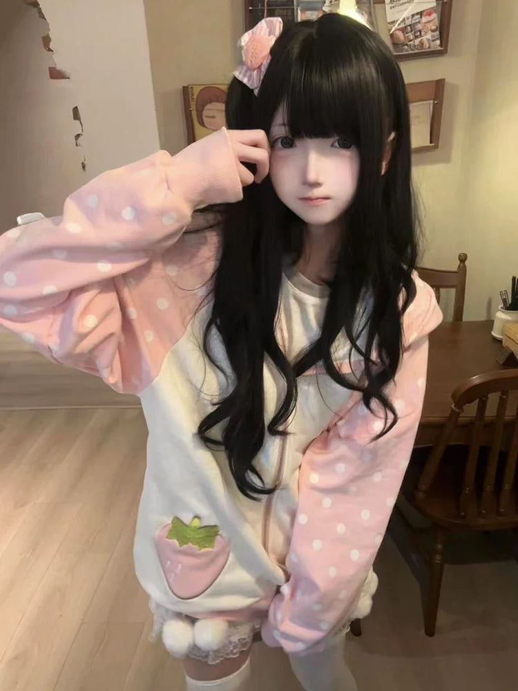 Aoaiiys Japanese Hoodies Women Kawaii Rabbit's Ears Loose Outerwear Strawberry Dot Print Aesthetic Sweatshirt Autumn Winter New