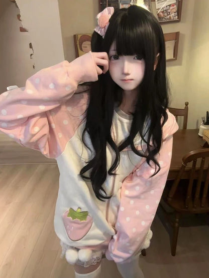 Aoaiiys Japanese Hoodies Women Kawaii Rabbit's Ears Loose Outerwear Strawberry Dot Print Aesthetic Sweatshirt Autumn Winter New