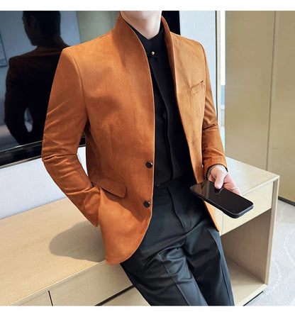 New Blazer Cowhide Velvet Korean Version Business Slim Fit Suit Stand Collar Fashionable Casual Suit Jacket Men Formal Clothing