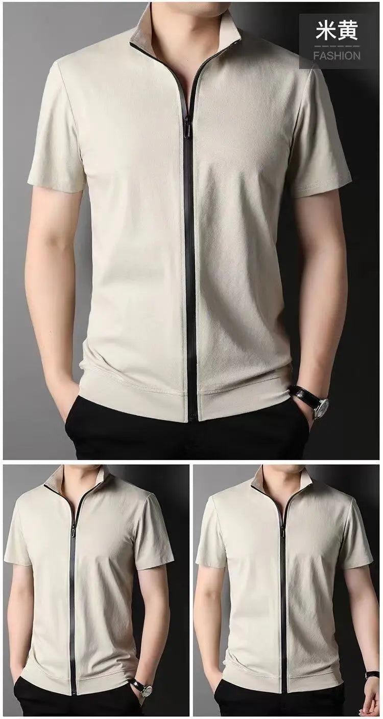 2023 Men Summer Trend Stand Collar Zipper Cardigan Shirts Solid Short Sleeve Comfortable Business Casual Top Ropa Hombre Camisas