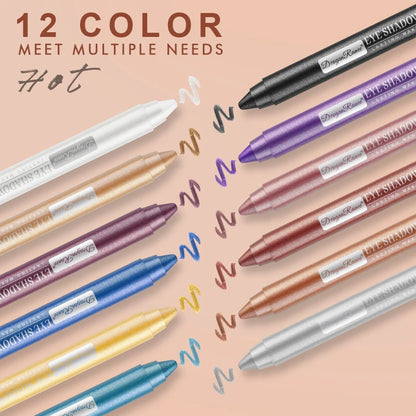 12-Piece Eyeshadow Pen Set, Pearlescent Fine Shimmer, Delicate and Silky, Non-Smudging, Multi-Use, High-Gloss Contouring, One-Swipe Application, Eye-Enhancing, Waterproof, Long-Lasting, Versatile Eyeshadow