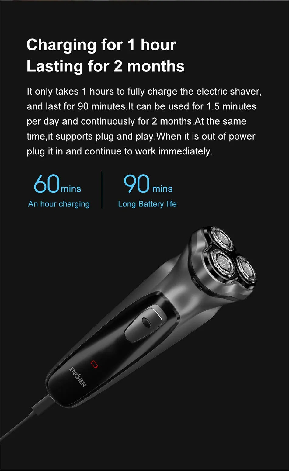 Blackstone Electrical Rotary Shaver for Men 3D Floating Blade Washable USB Rechargeable Shaving Beard Machine