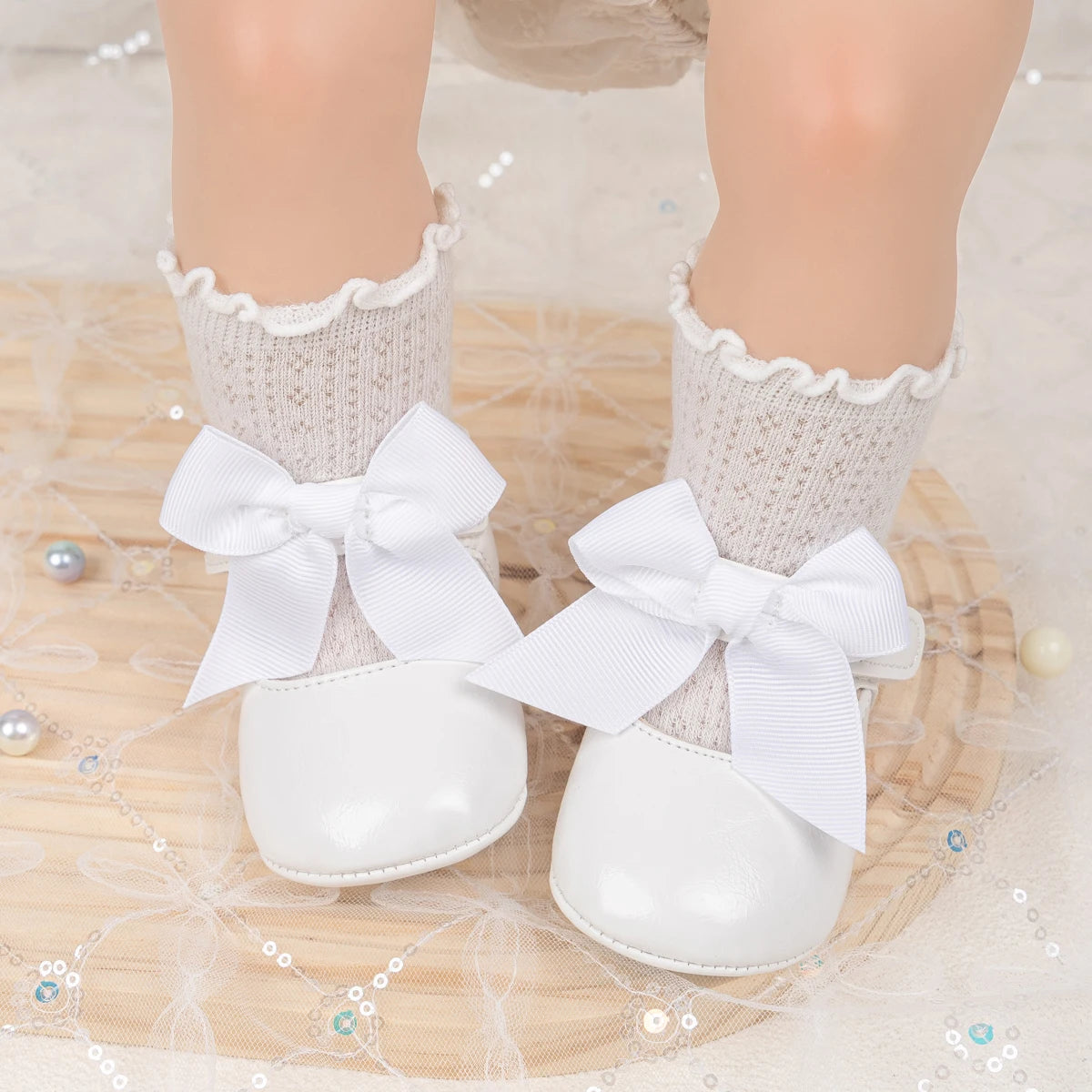 Fashion Baby Girl Casual Leather Shoes Exquisite Lace Bowknot Solid Color Princess Wedding Walking Shoes Soft Non-slip Flat Sole
