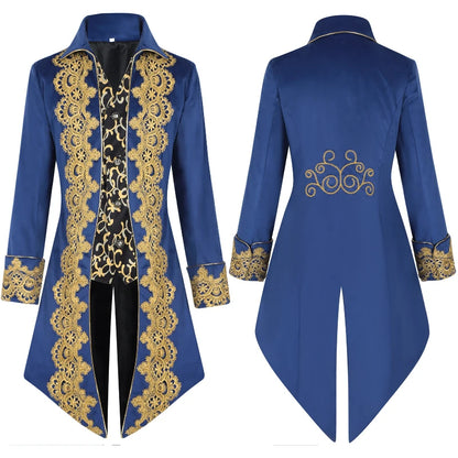 2025 New Blue Lace Tuxedo for Men, Euro- American Medieval Vintage Men's Tailcoat Jacket,medium Length Punk Performance Costume