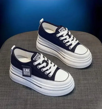 Vulcanized Platform Sneakers Wedge Shoes Non-slip Casual Shoes Women 2025 Autumn Lace-up Comfort Denim Canvas Shoes Thick Sole