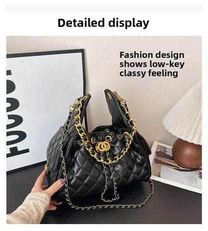 Quilted shoulder underarm bag, large-capacity hobo bag, bucket drawstring chain crossbody bag, women's handbag