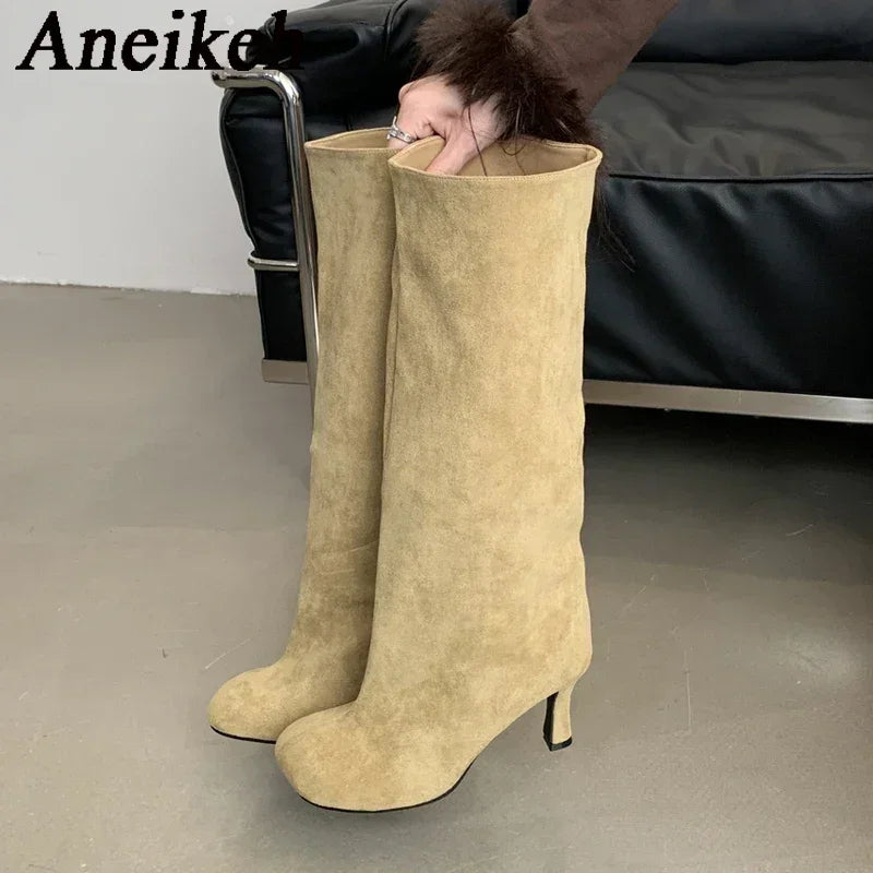 Aneikeh Large Size 41  42 Winter Street Style Round Toe Knee-High Women Boots Punk Thin High Heels Shoes Female Long Booties
