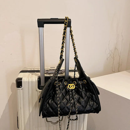 Quilted shoulder underarm bag, large-capacity hobo bag, bucket drawstring chain crossbody bag, women's handbag