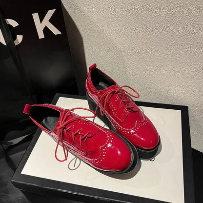 Ochanmeb Big Size 48 Women Patent Leather Brogues High Heels Derby Shoes Platforms Laser Cutout Oxfords Fashion Ladies Pumps Red
