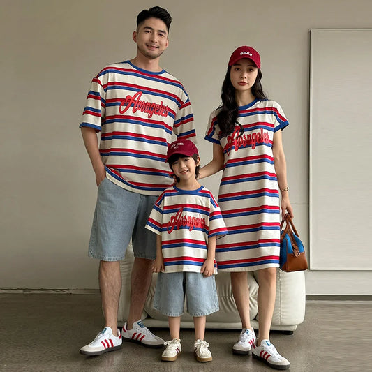 Dad Mom and Baby Matching Striped Clothes Mother and Daughter Dress Father Son Clothing Set Summer Vacation Family Look Outfit