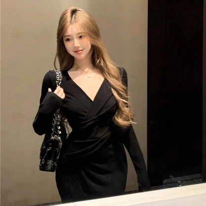 Spring Winter Lady Fashion Designer V-neck Slim Fit Long Sleeves Dress Girls Korean Version Solid Waist Cinching Wrap Hip Skirt