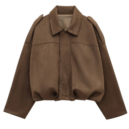 HXAO Women's Bomber Jacket Lapel Long Sleeve Zipper Suede Jacket Women 2025 High Street Cropped Racing Jackets Coats Outerwears