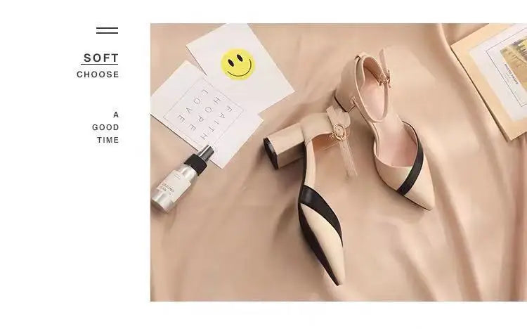 Women's Classic Beige Square Heel Pointed Shoes for Party Ladies Spring Summer Black Buckle PU Leather Profession Pumps