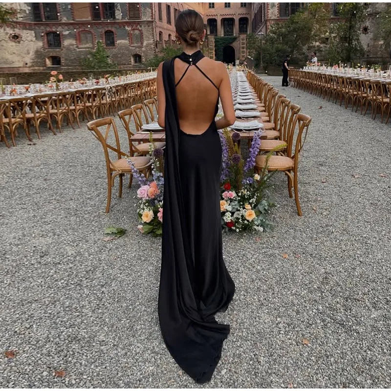 Ribbon Satin Long Party Dress Women Elegant Solid Sleeveless Female Backless Dresses 2026 Summer Autumn Lady Evening Club Gowns