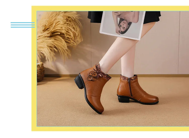 Top layer cowhide 2025 autumn and winter new retro ethnic style feature thick heel buckle splicing versatile women's short boots