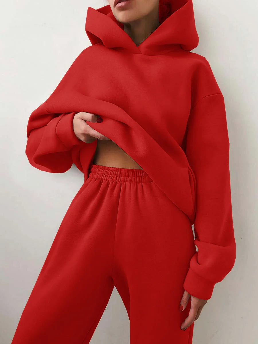 Two Piece Pant Sets Women Solid Thick Sweatshirts Hooded Full Sleeve Elastic Waist Spliced Long Pants Pockets Casual Suits