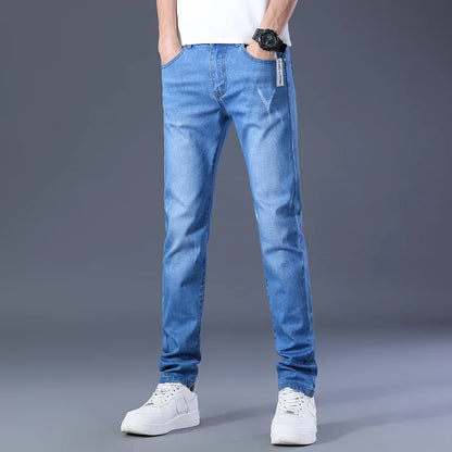 Winter Men Thermal Jeans Snow Warm Stretch Straight Jeans Man Fleece Denim Long Pants Narrow Leg Slim Fit Blue Black Trousers