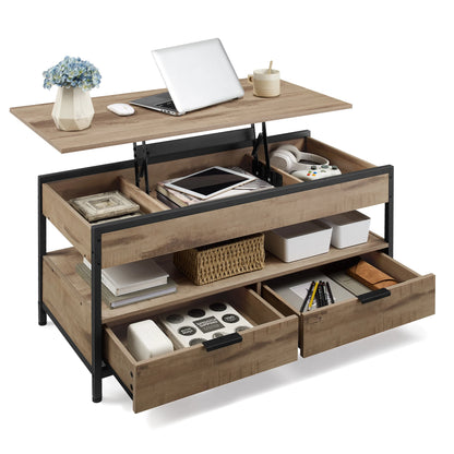 VASAGLE coffee table, height adjustable living room table, coffee table, with drawers, open compartment, 50x100 x (48-63)cm