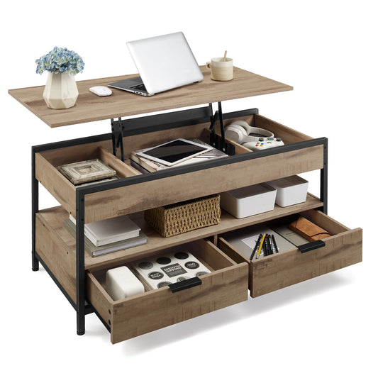 VASAGLE coffee table, height adjustable living room table, coffee table, with drawers, open compartment, 50x100 x (48-63)cm