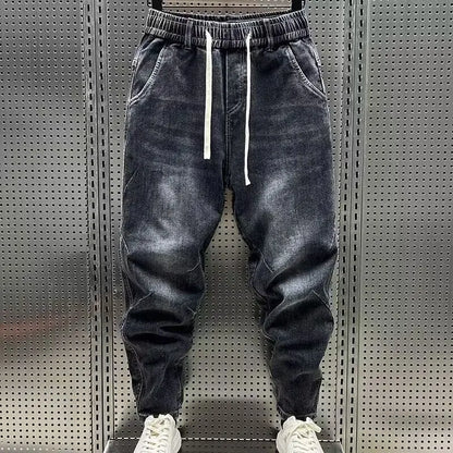 High Quality New 2024 Luxury Designer Casual Loose Drawstring Denim Jeans Men Full Length Wide Leg Streetwear Cowboy Harem Pants