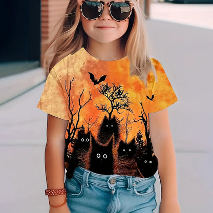 Girl Clothes Funny Terror Pumpkin Graphic T Shirt Boys Girls Halloween Short Sleeve Tops Tees 2-10Y Halloween Gift Party T-Shirt